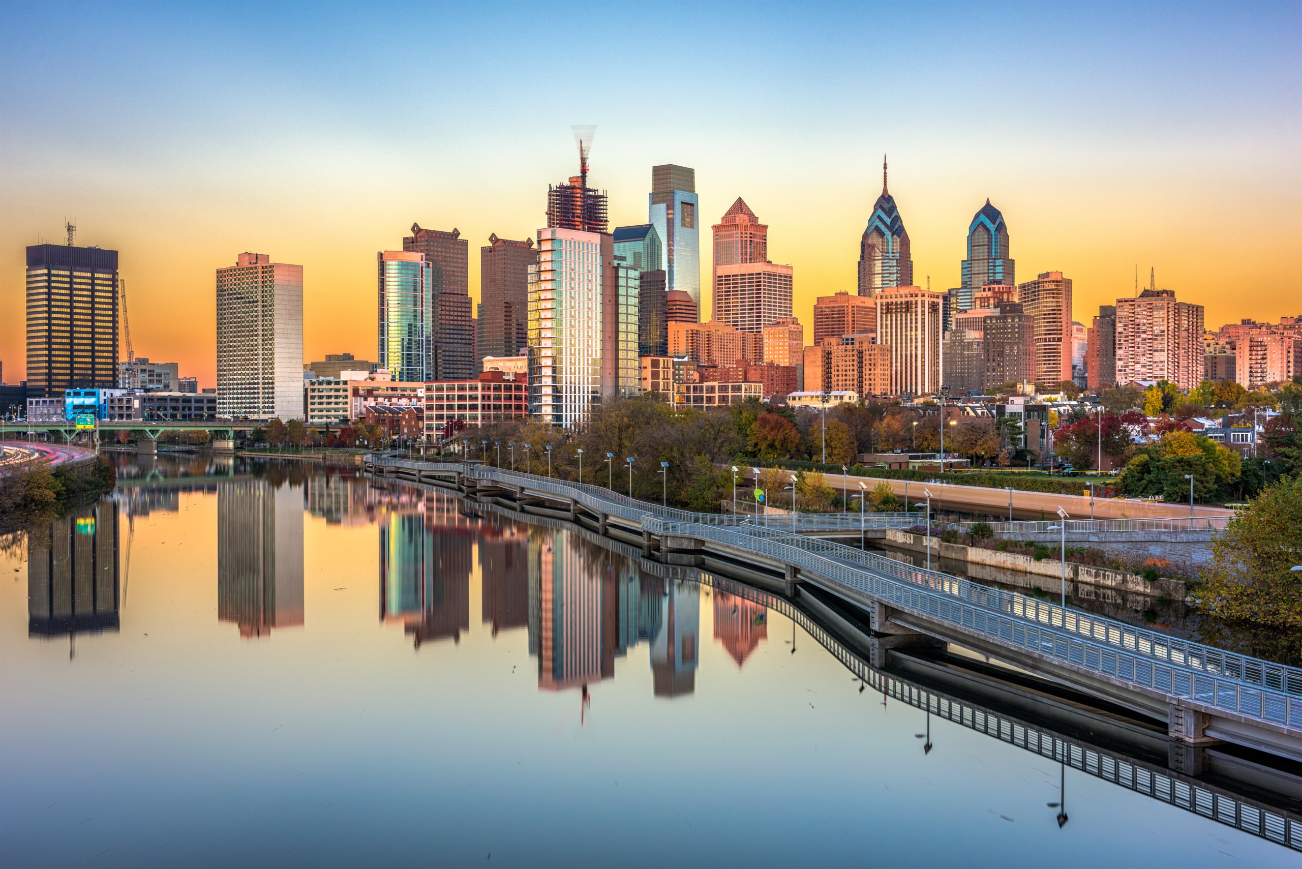 Image of Philadelphia, Pennsylvania skyline at sunset